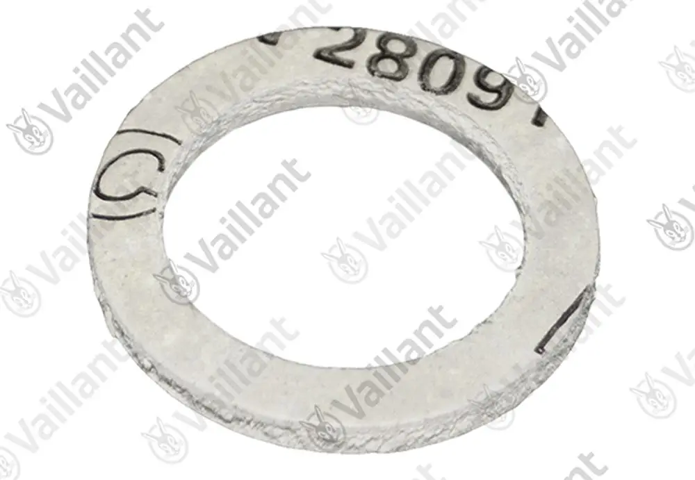 Vaillant Dichtung in Form eines flachen, runden Rings mit mittigem Loch, zur Verwendung in Solar-Rohrgruppen, auf hellem Hintergrund fotografiert.